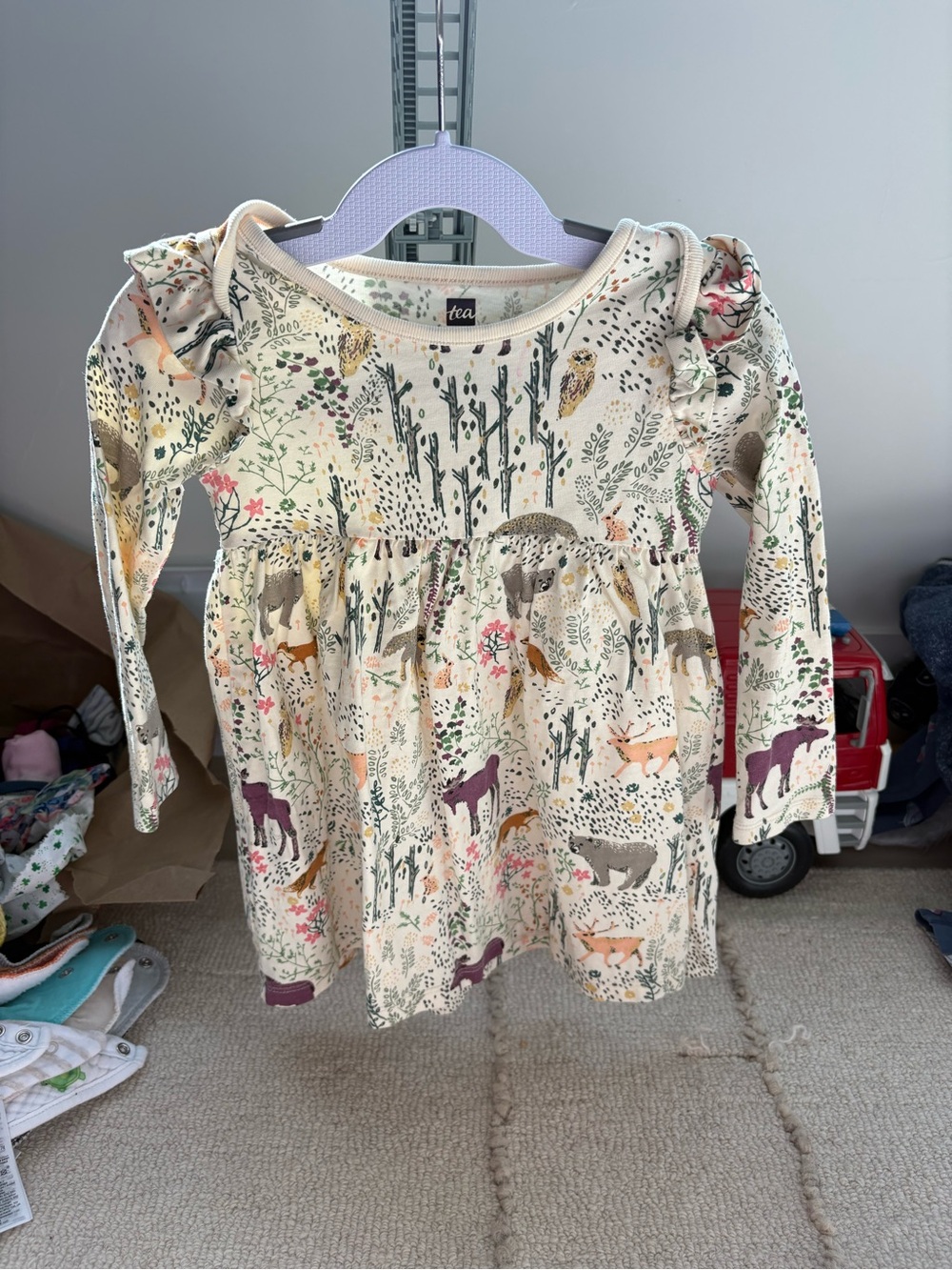 TEA COLLECTION | Cream Woodland Animal Long-Sleeve Dress - EUC